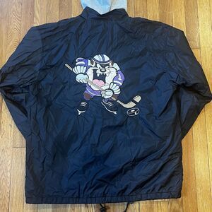 Vintage 90s Taz Looney Tunes WB Jacket Adult Large Black Full Zip Hood Hockey